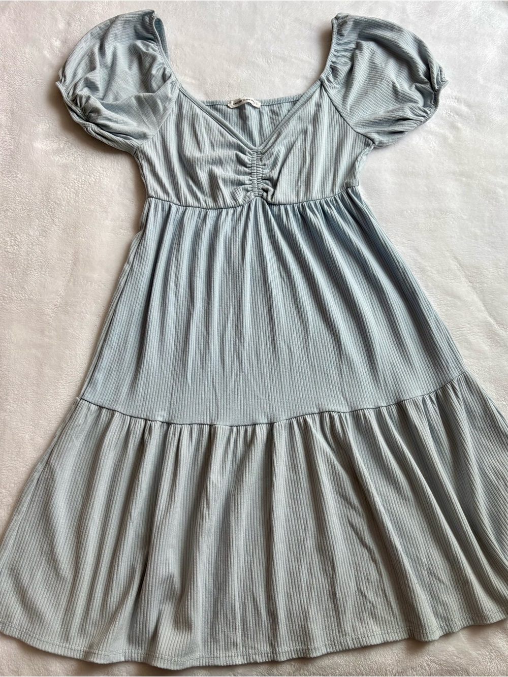 Pastel Light Blue Ribbed Ruched Bust Tiered Babydoll Mini Dress